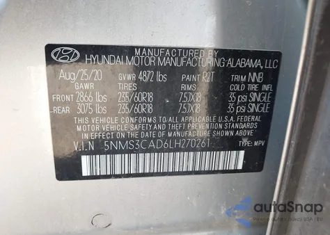 2020 Hyundai Santa Fe Sel from USA, damaged, VIN 5NMS3CAD6LH270261